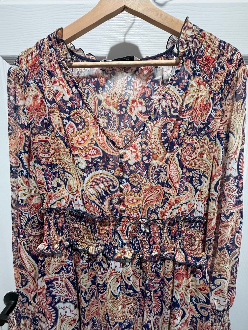 Zara Navy Multi Paisley V-Neck Smocked-Waist Mini Dress - Picture 3 of 4